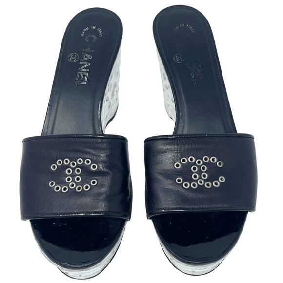 Chanel Shoes Flat Heels CC Logo Black Leather Silver Metallic Platform Wedge 37 - Picture 2 of 11